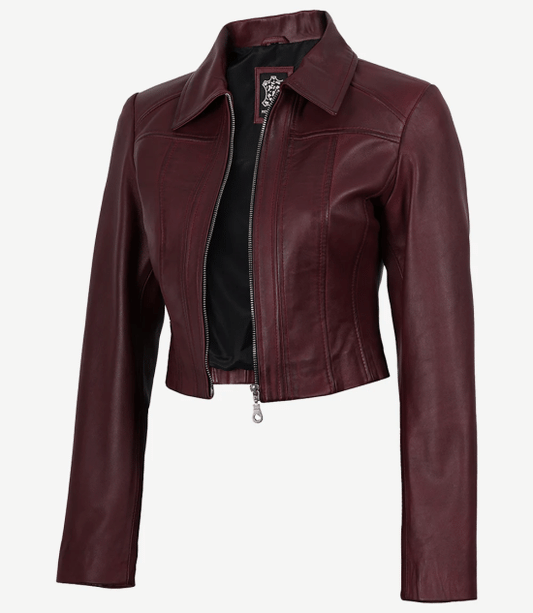 Women's Burgundy Wax Cropped Harrington Leather Jacket