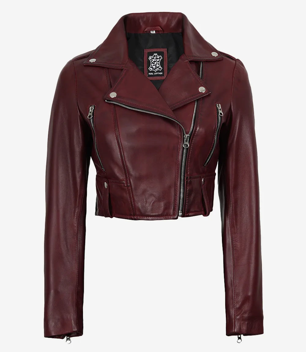 Women's Cropped Burgundy Wax Leather Biker Jacket
