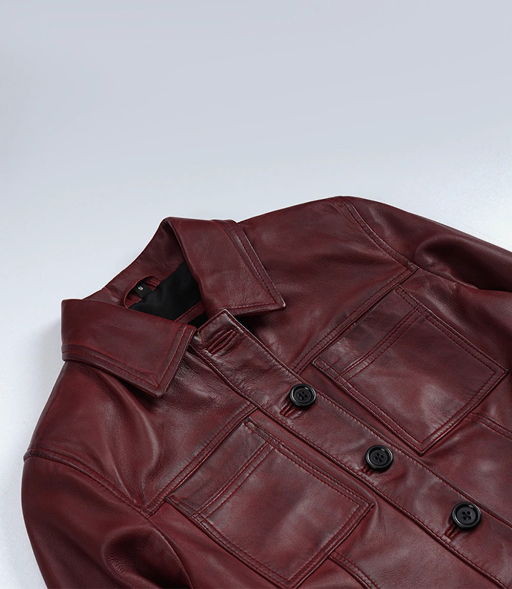 Women's Burgundy Wax Cropped Leather Harrington Jacket