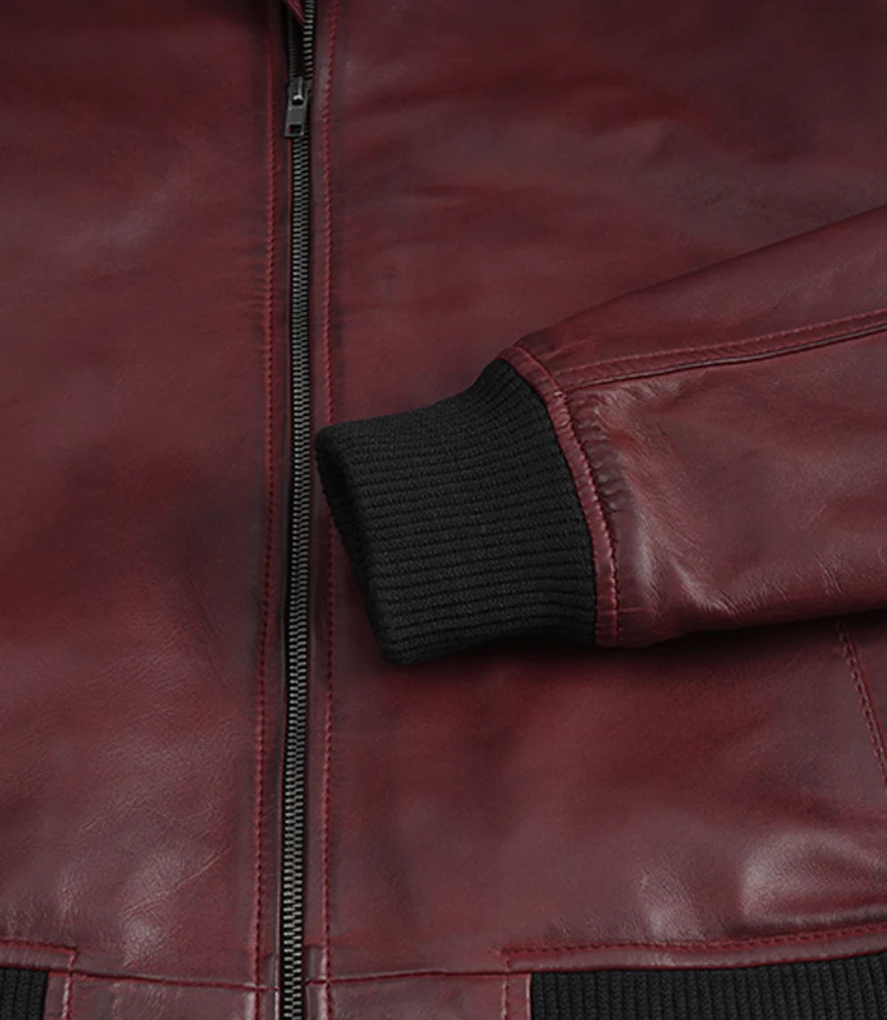 Men's Burgundy Lambskin Leather Flight Jacket - Bomber Style