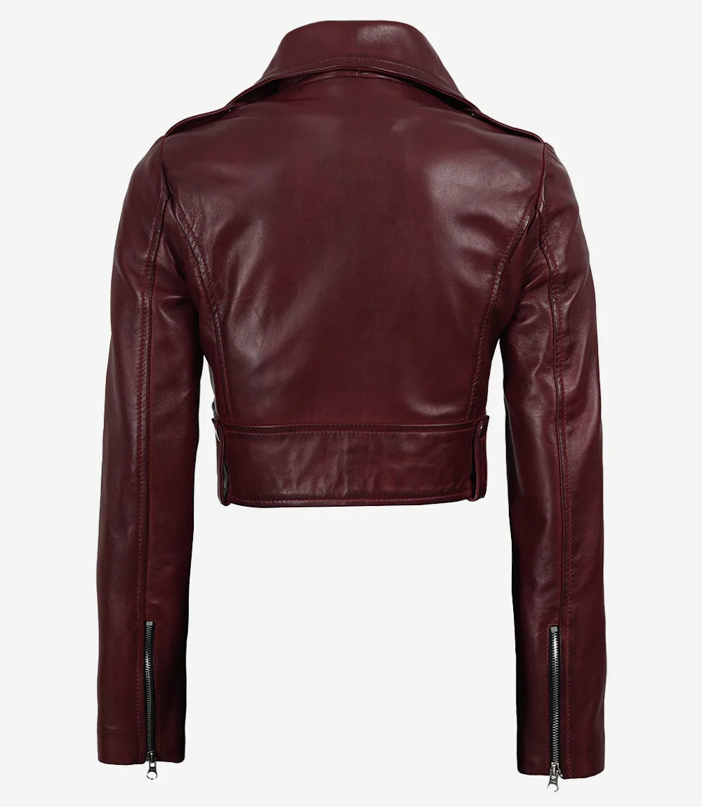 Women's Cropped Burgundy Wax Leather Biker Jacket
