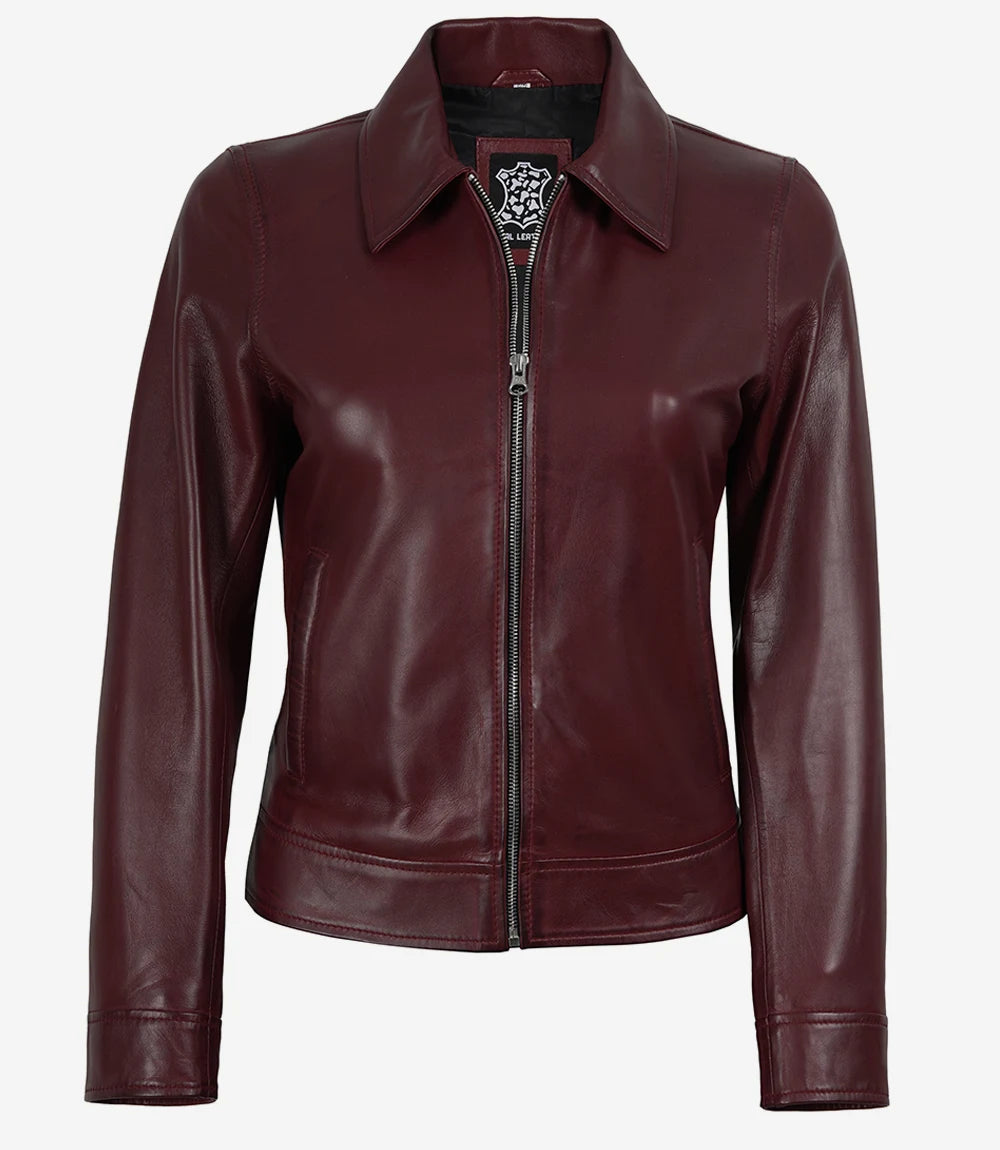 Women's Burgundy Wax Harrington Leather Jacket