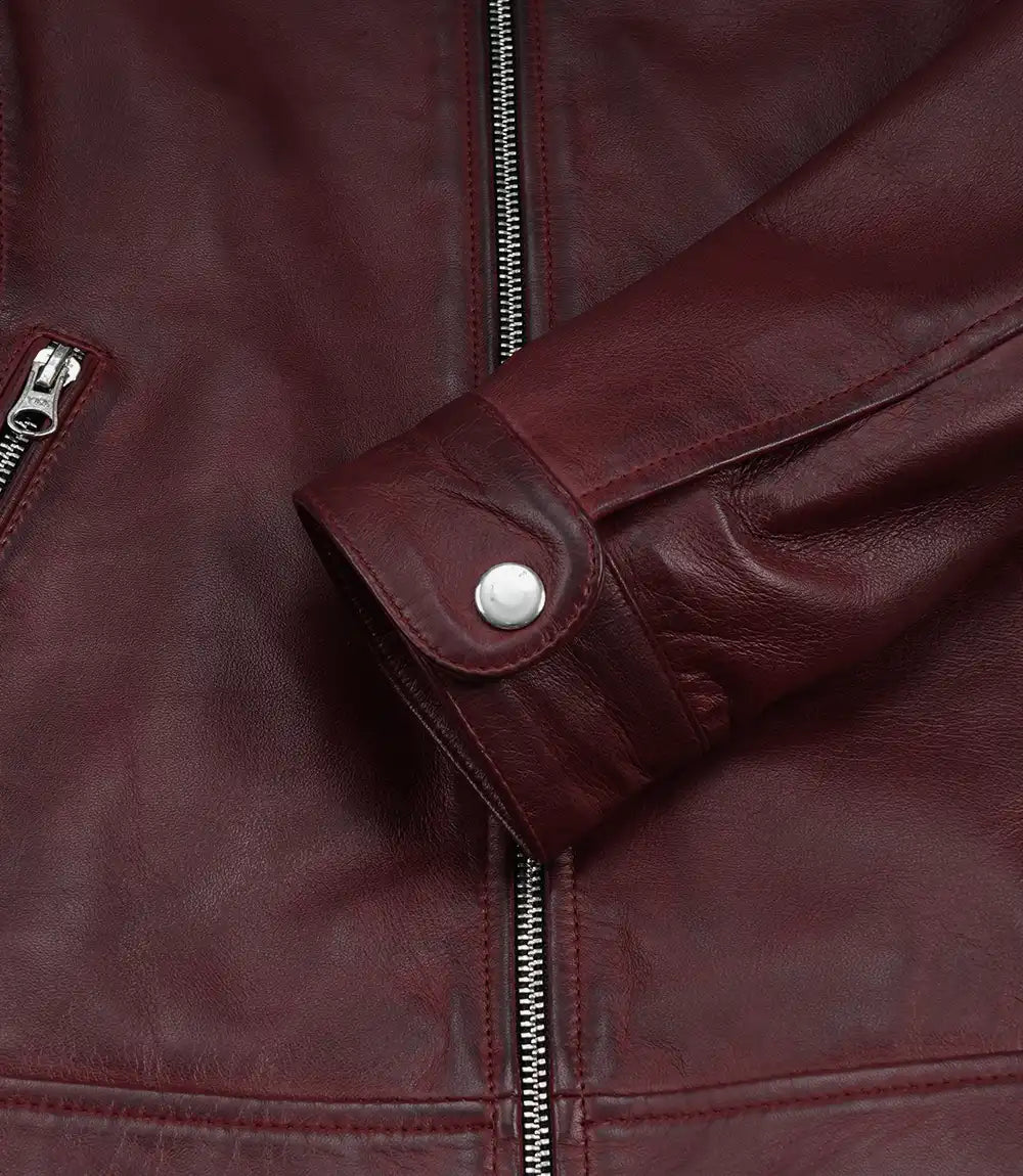 Women's Burgundy Wax Lambskin Leather Biker Jacket