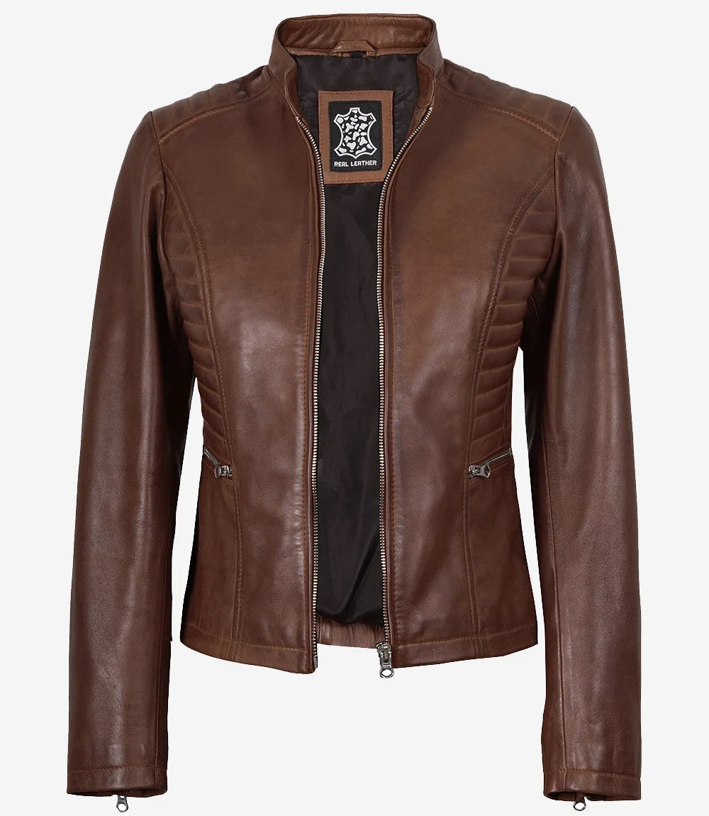 Women's Cafe Racer Cognac Brown Leather Jacket