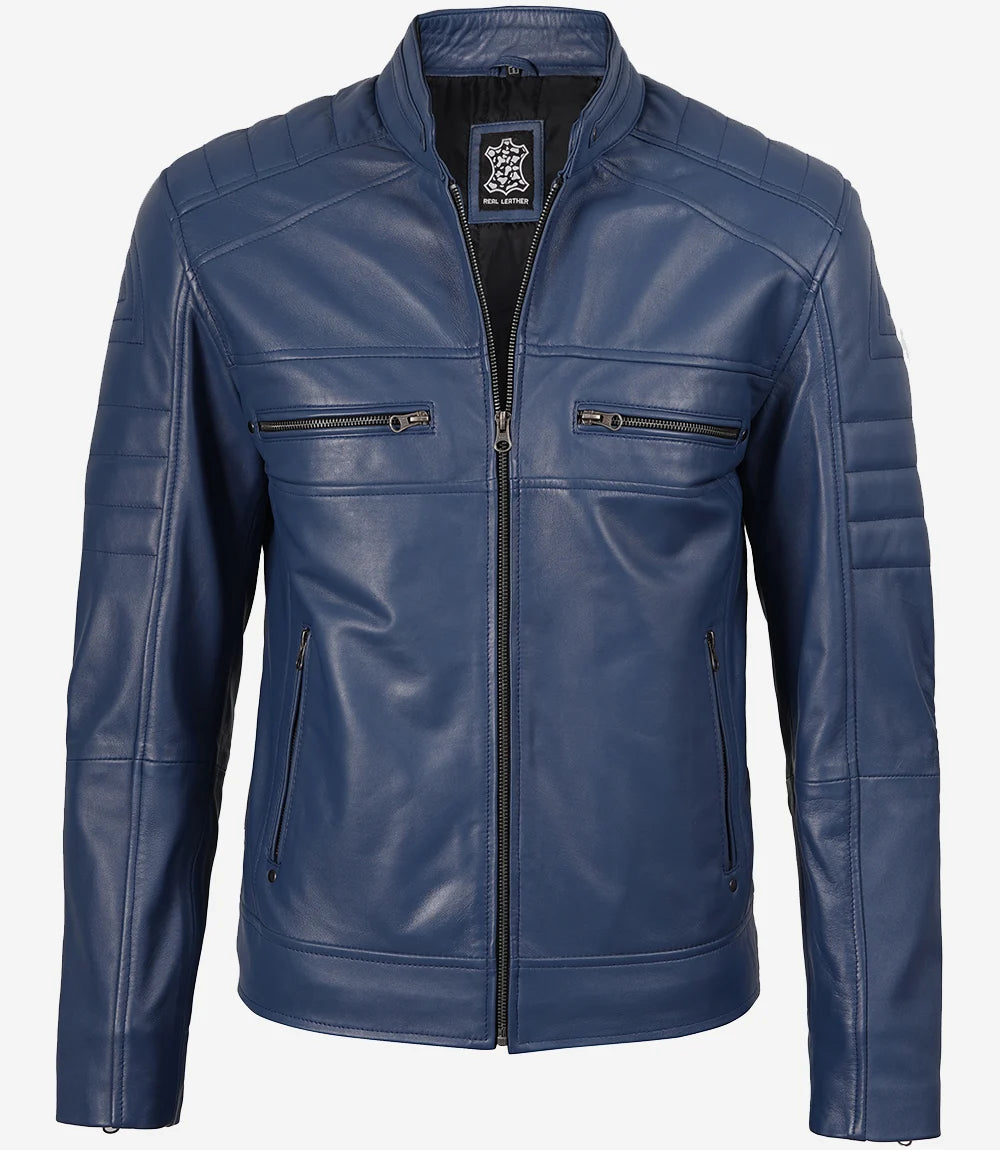 Arya Men Cafe Racer Blue Real Leather Jacket