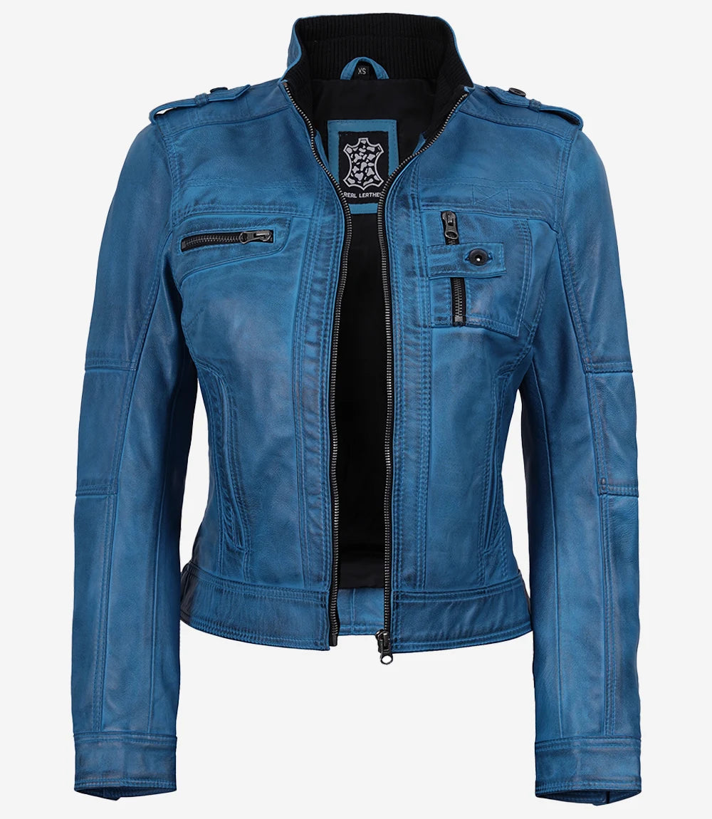Women's Wax Blue Leather Biker Jacket