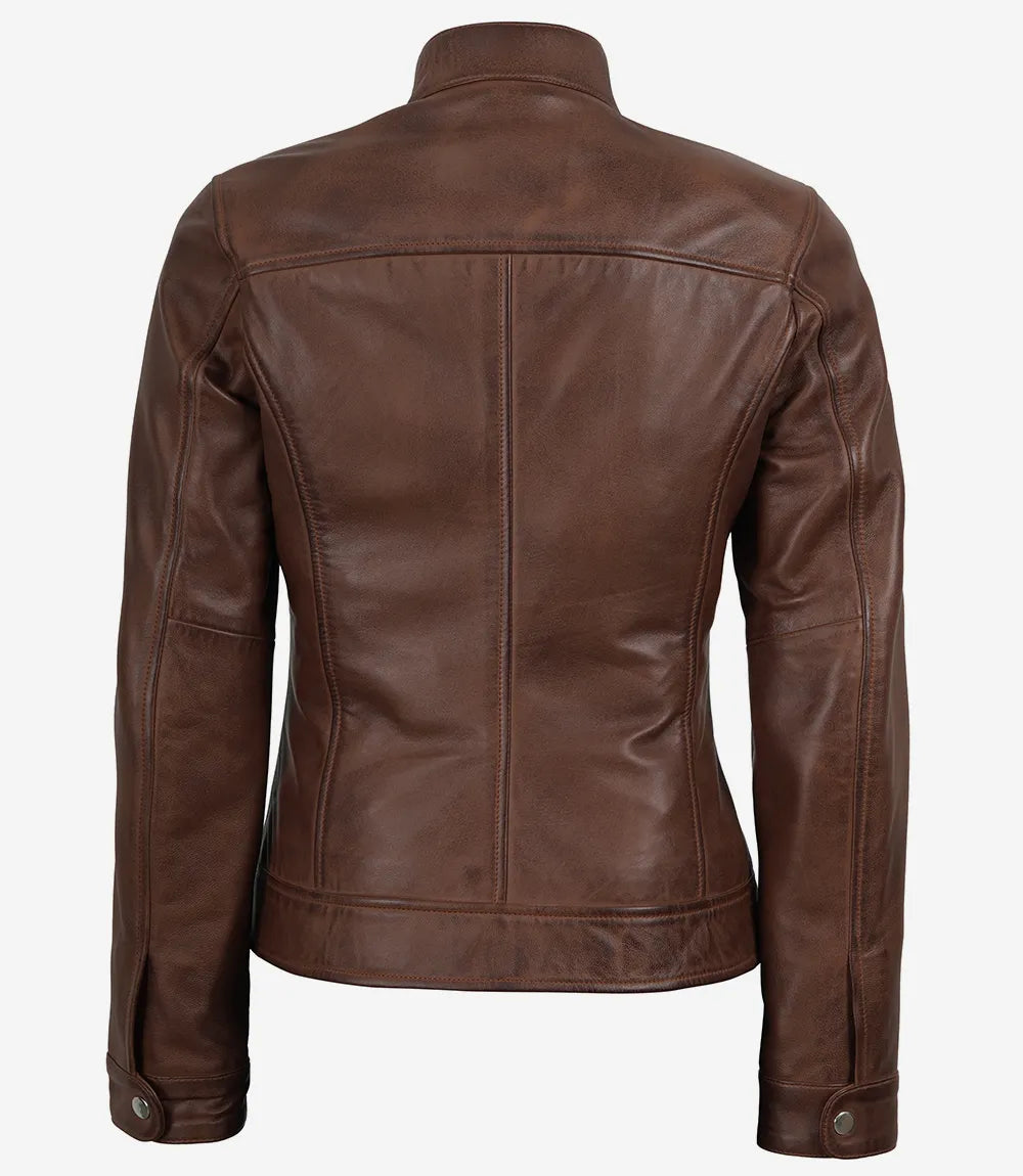 Women's Cognac Wax Real Leather Biker Jacket