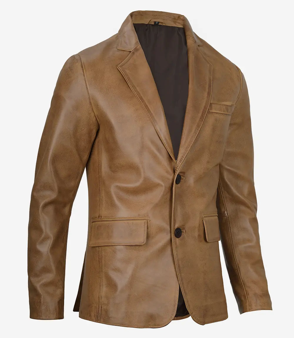 Mens Camel Leather Blazer Jacket - Two Buttons