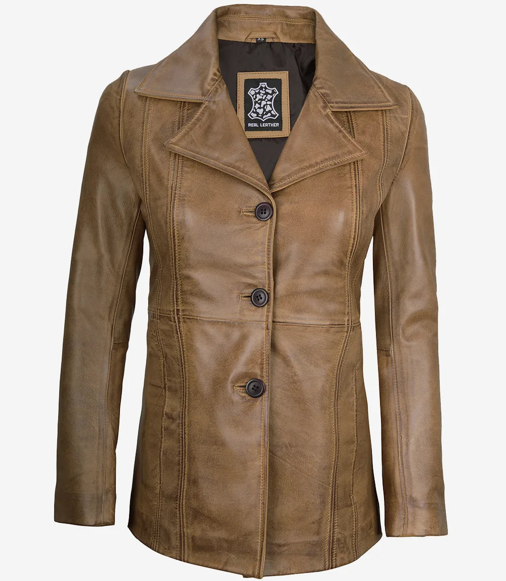 Women's Three Button Camel Real Leather Blazer