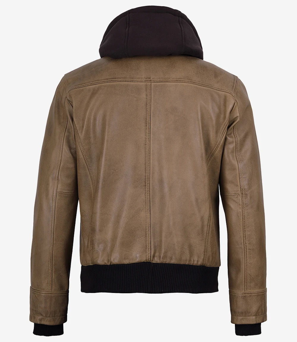 Men's Camel Wax Real Bomber Leather Jacket With Removable Hood
