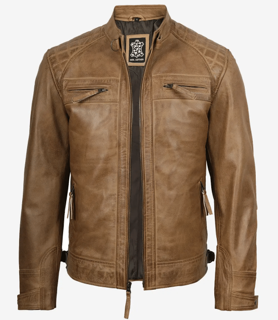 Men’s Waxed Camel Brown Cafe Racer Leather Jacket