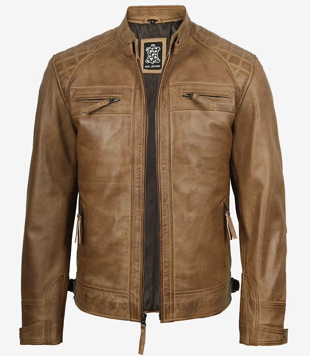 Men’s Waxed Camel Brown Cafe Racer Leather Jacket