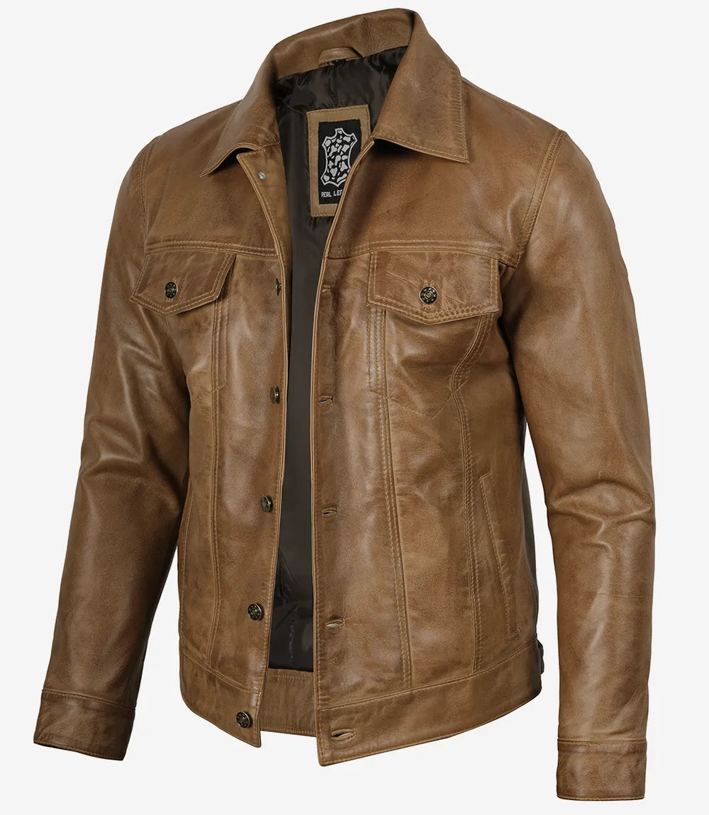 Men's Camel Brown Trucker Leather Jacket
