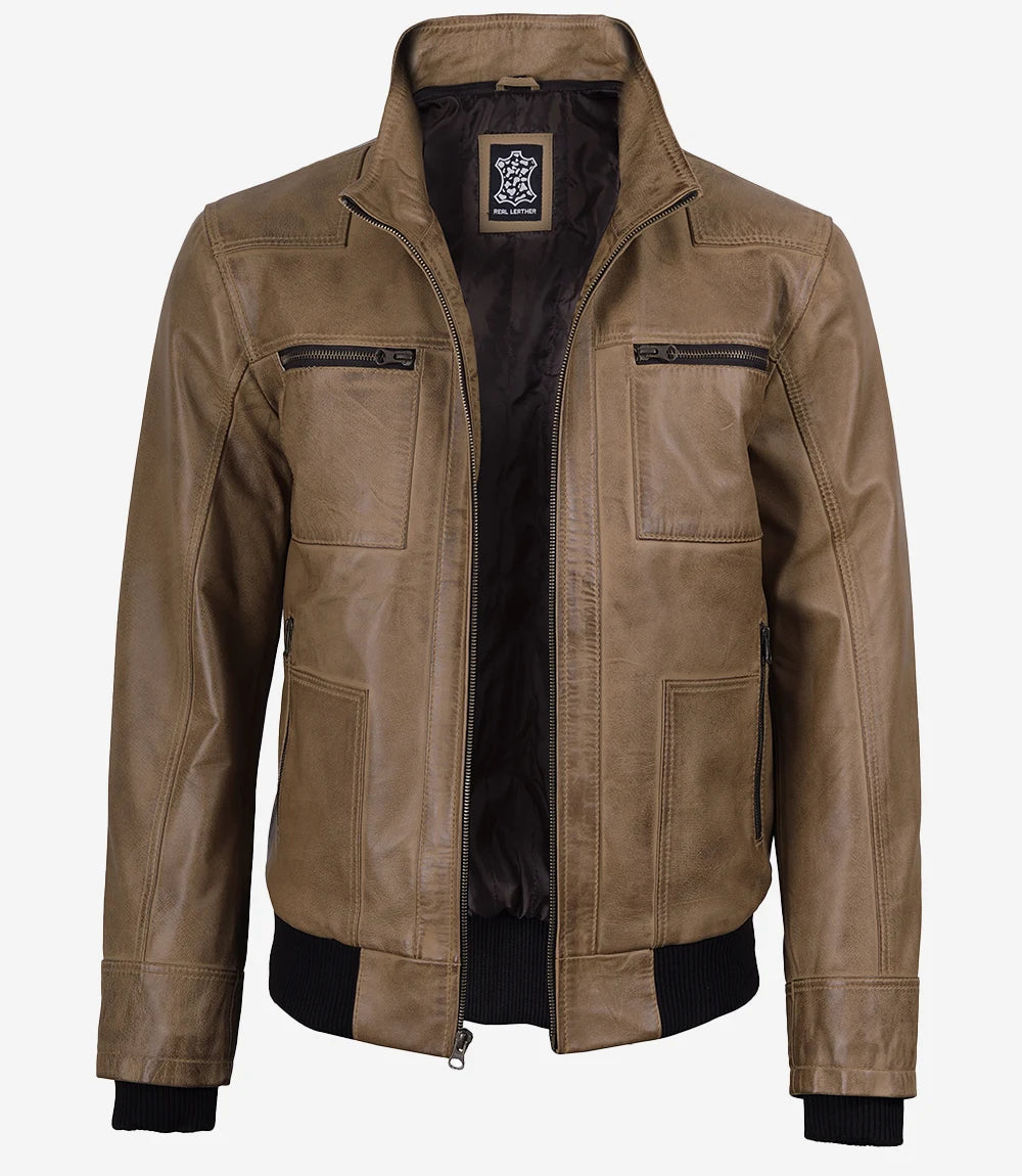 Men's Camel Wax Real Bomber Leather Jacket With Removable Hood
