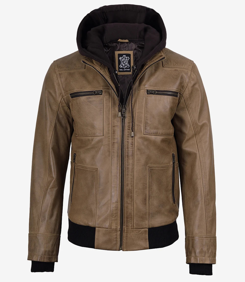 Men's Camel Wax Real Bomber Leather Jacket With Removable Hood