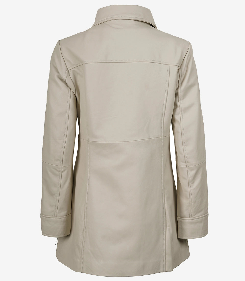 Women's Off White Real Leather Car Coat