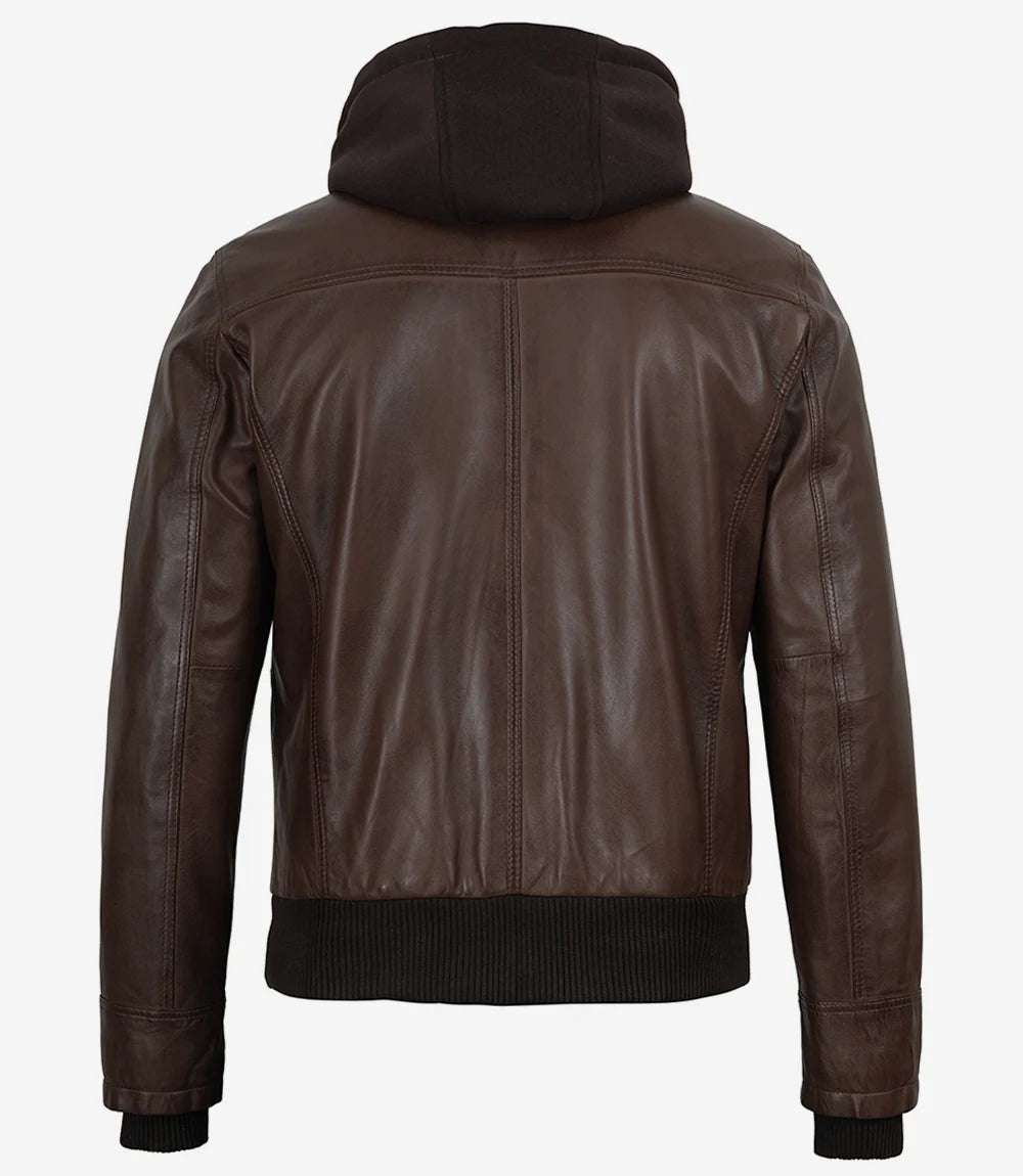 Men's Dark Brown Bomber Real Leather Jacket With Removable Hood