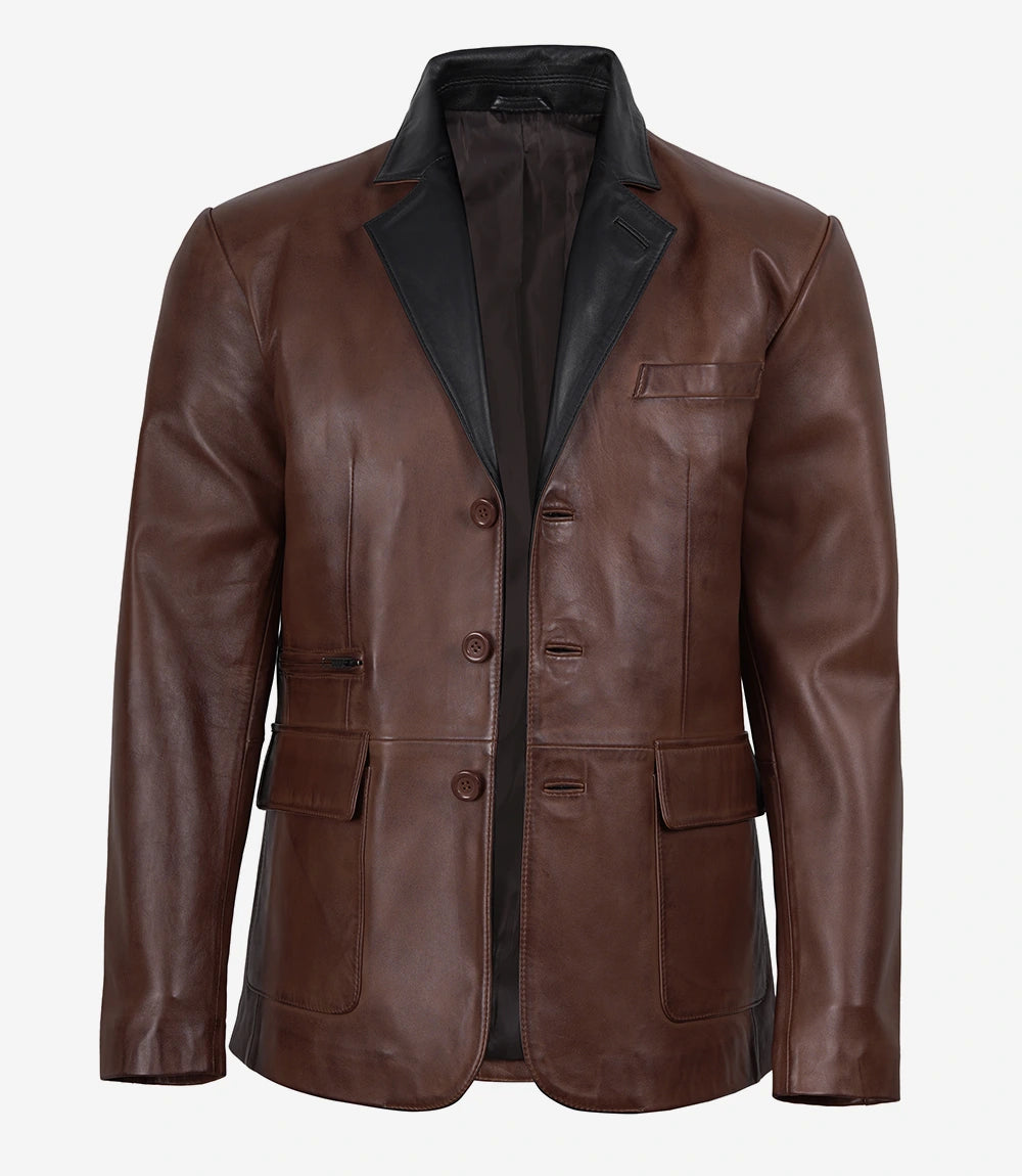 Men's Cognac Wax Three Button Real Leather Blazer — Black Lapel