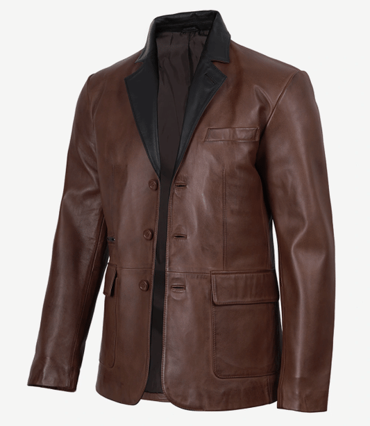 Men's Cognac Wax Three Button Real Leather Blazer — Black Lapel
