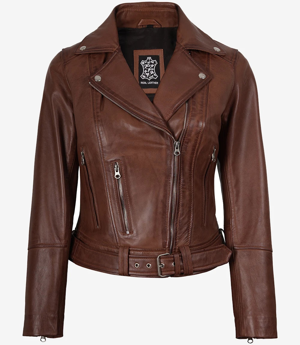 Women's Cognac Brown Leather Biker Jacket