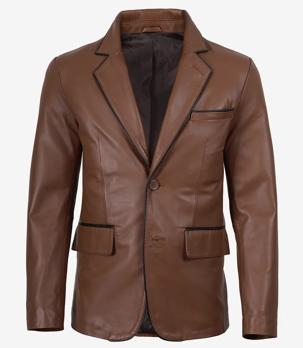 Men's Cognac Brown Lambskin Leather Blazer – Black Piping Detail