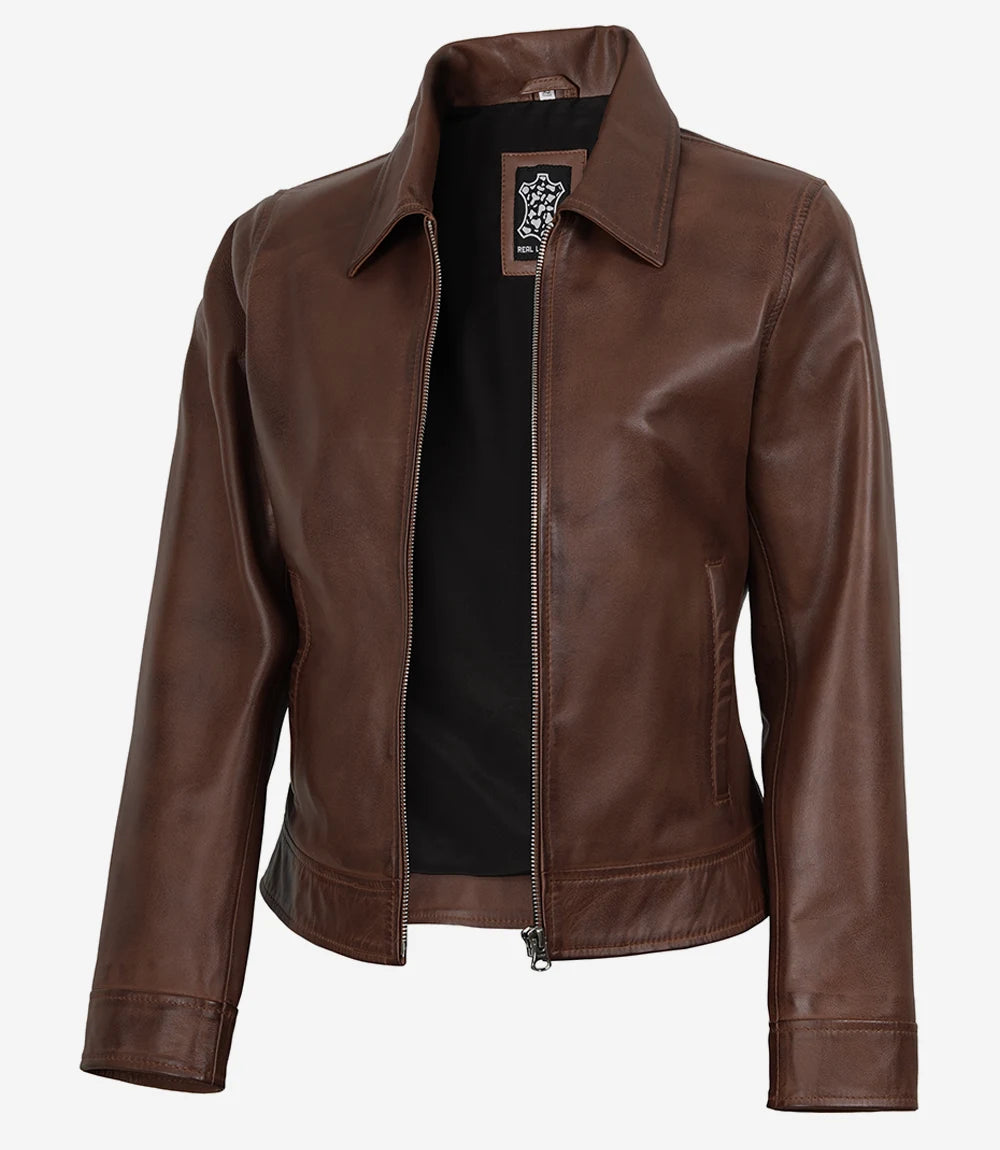 Women's Cognac Wax Harrington Leather Jacket