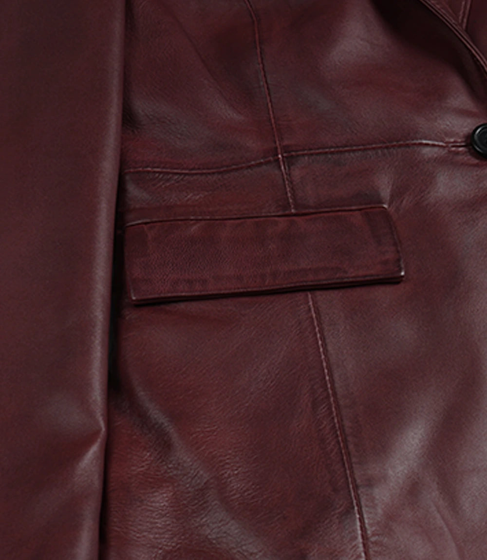 Women's Single-Button Lambskin Leather Blazer – Burgundy Wax