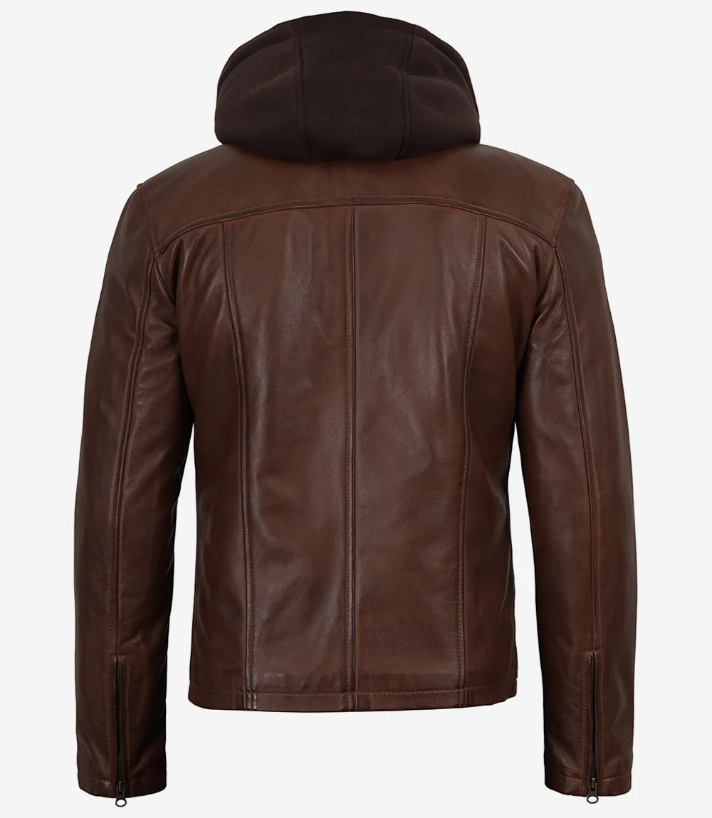 Men's Cognac Wax Lambskin Leather Jacket with Removable Hood