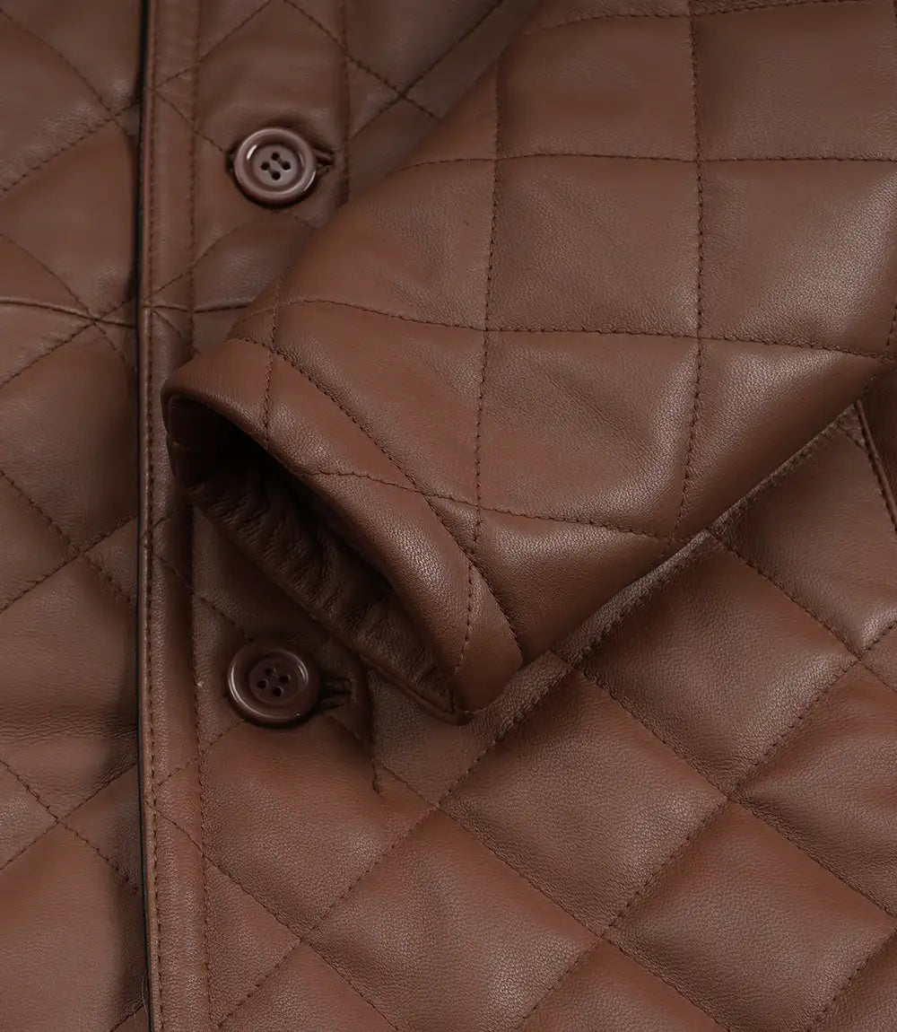 Men's Cognac Brown Diamond Quilted Leather Car Coat