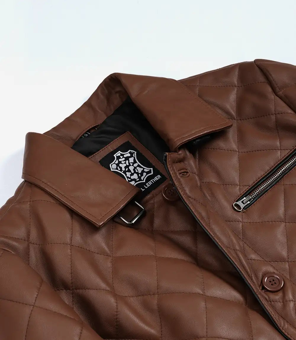 Men's Cognac Brown Diamond Quilted Leather Car Coat