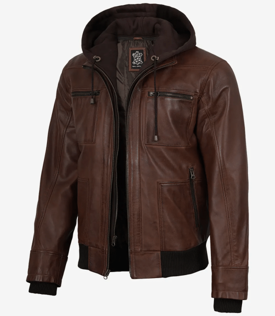 Men's Cognac Lambskin Waxed Leather Jacket — Detachable Hood