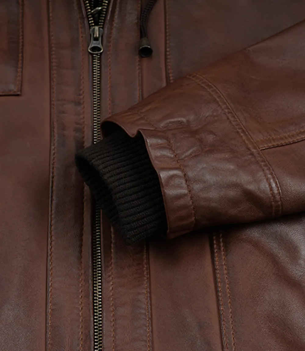 Men's Cognac Lambskin Waxed Leather Jacket — Detachable Hood