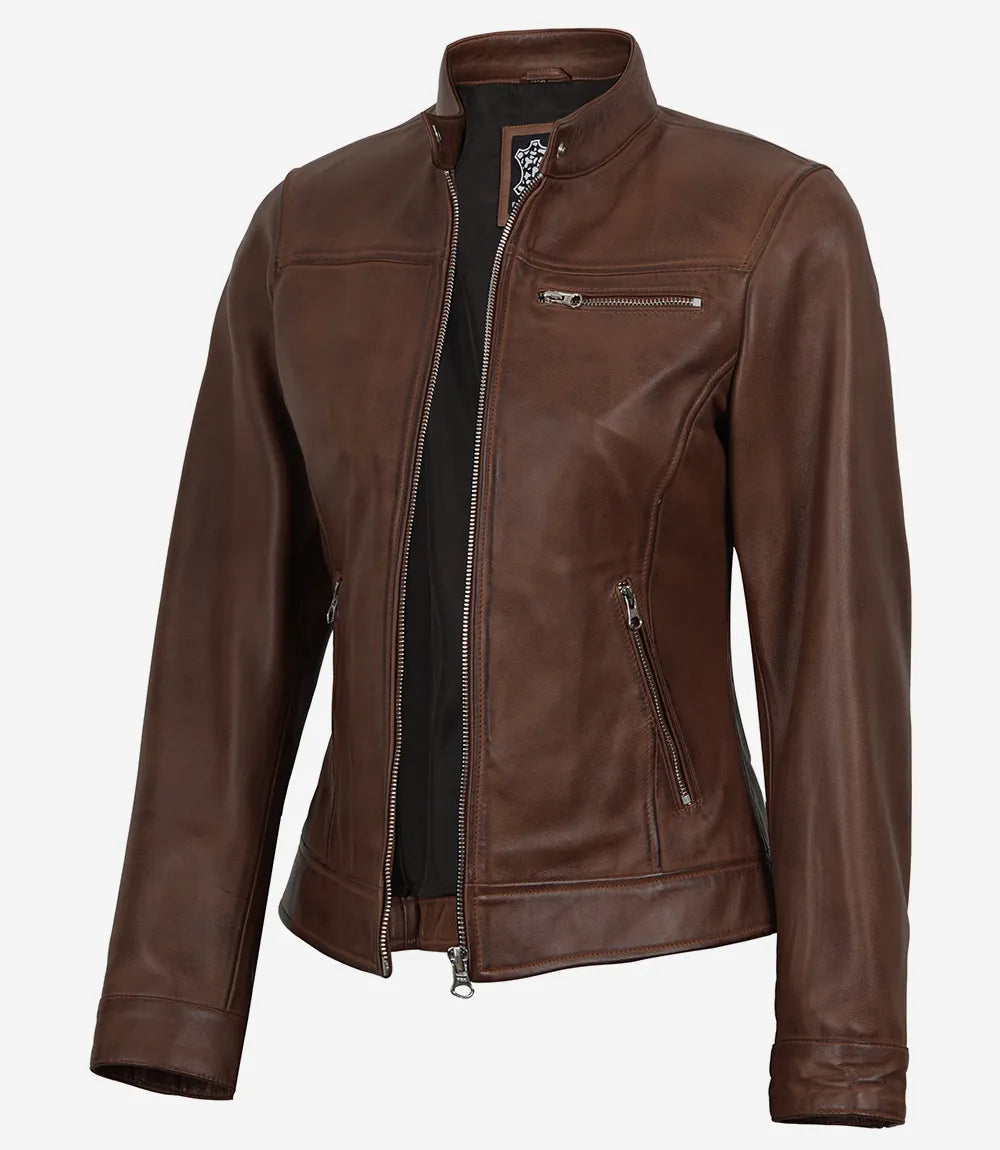 Women's Cognac Wax Real Leather Biker Jacket