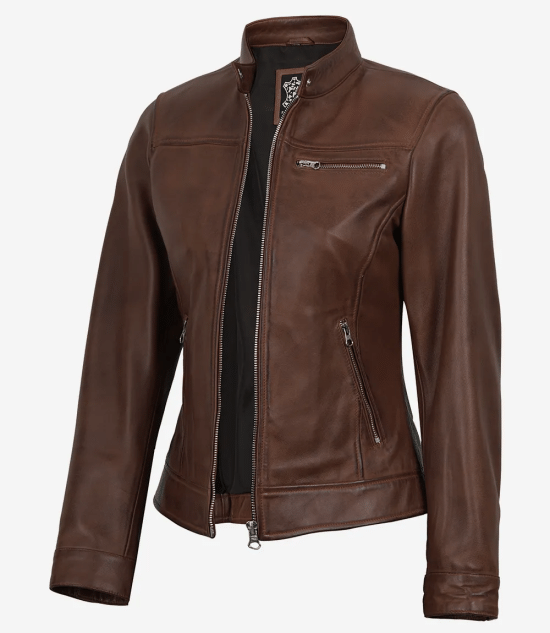 Women's Cognac Wax Real Leather Biker Jacket