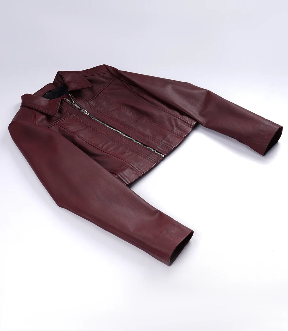 Women's Burgundy Wax Cropped Harrington Leather Jacket