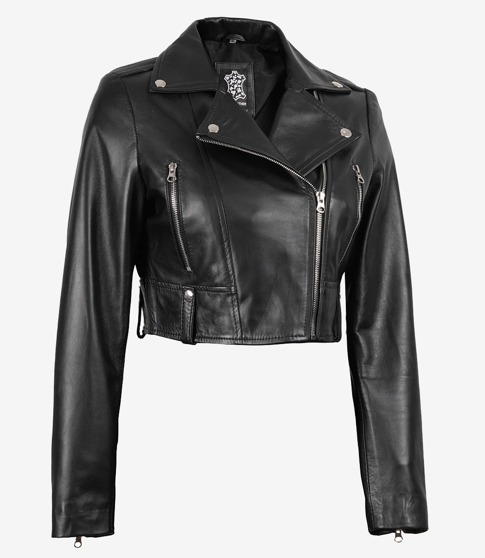 Women's Black Cropped Lambskin Leather Biker Jacket — Asymmetric Zip