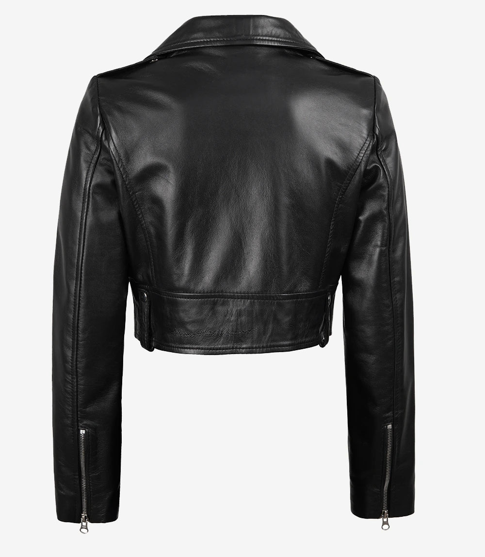 Women's Black Cropped Lambskin Leather Biker Jacket — Asymmetric Zip