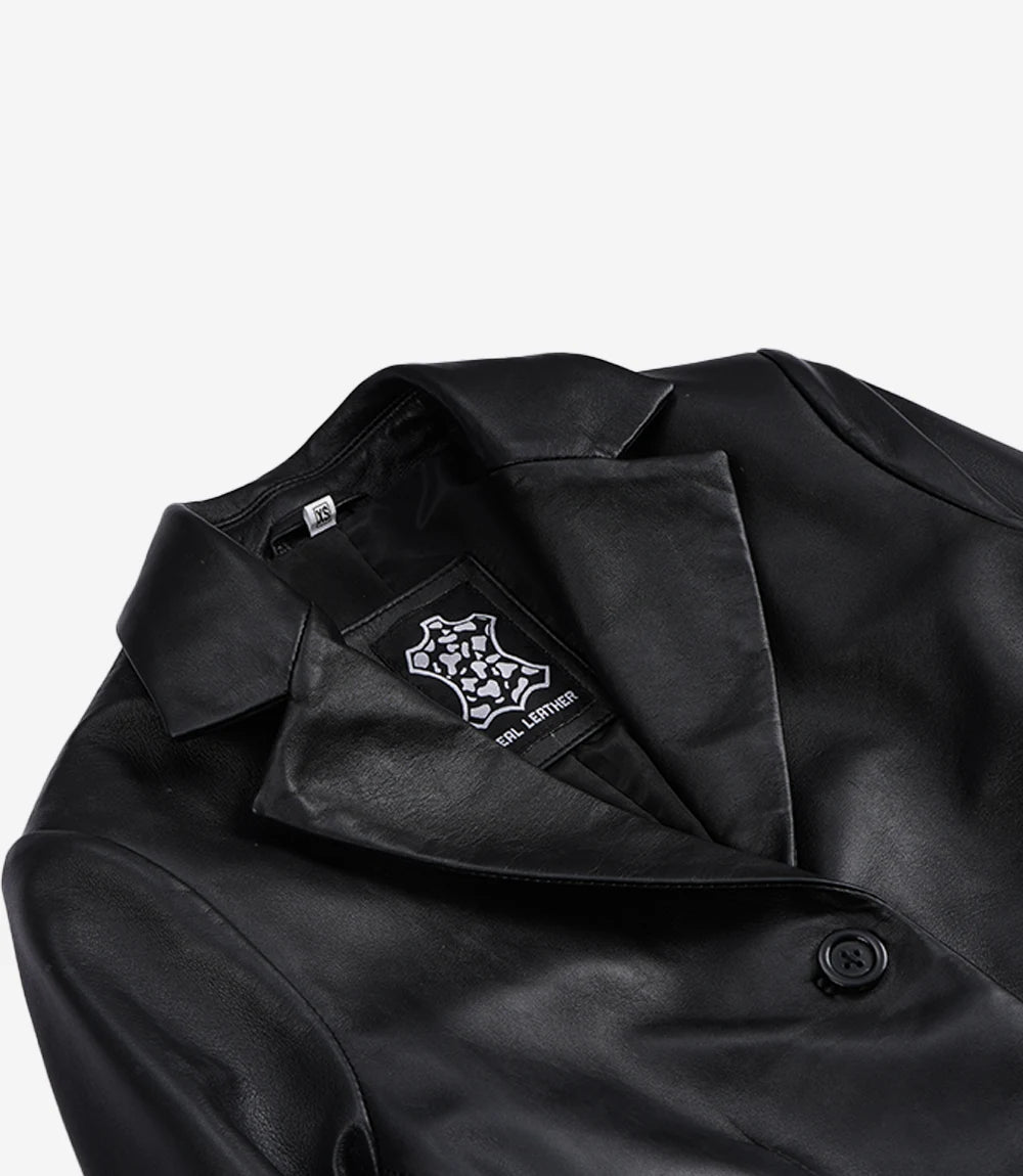 Women's Black Two Button Leather Cropped Jacket - Short Blazer Style