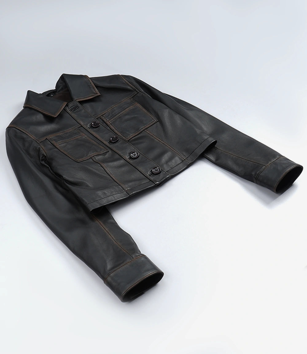 Women's Vintage Dark Brown Cropped Leather Harrington Jacket