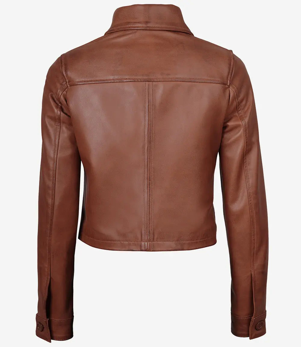 Women's Cognac Brown Cropped Leather Jacket — Shirt Collar, Buttoned Front
