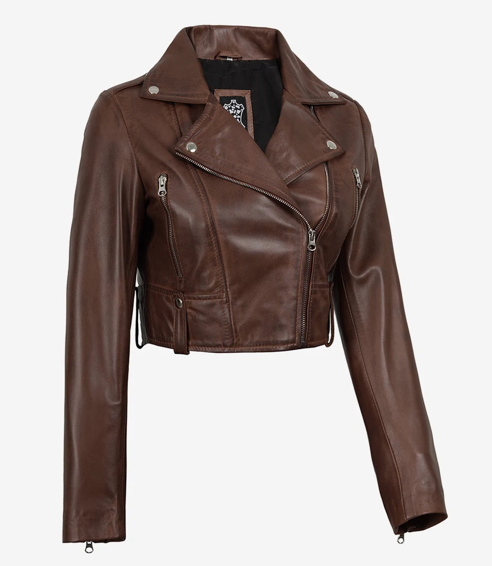 Women's Cropped Cognac Wax Moto Leather Jacket