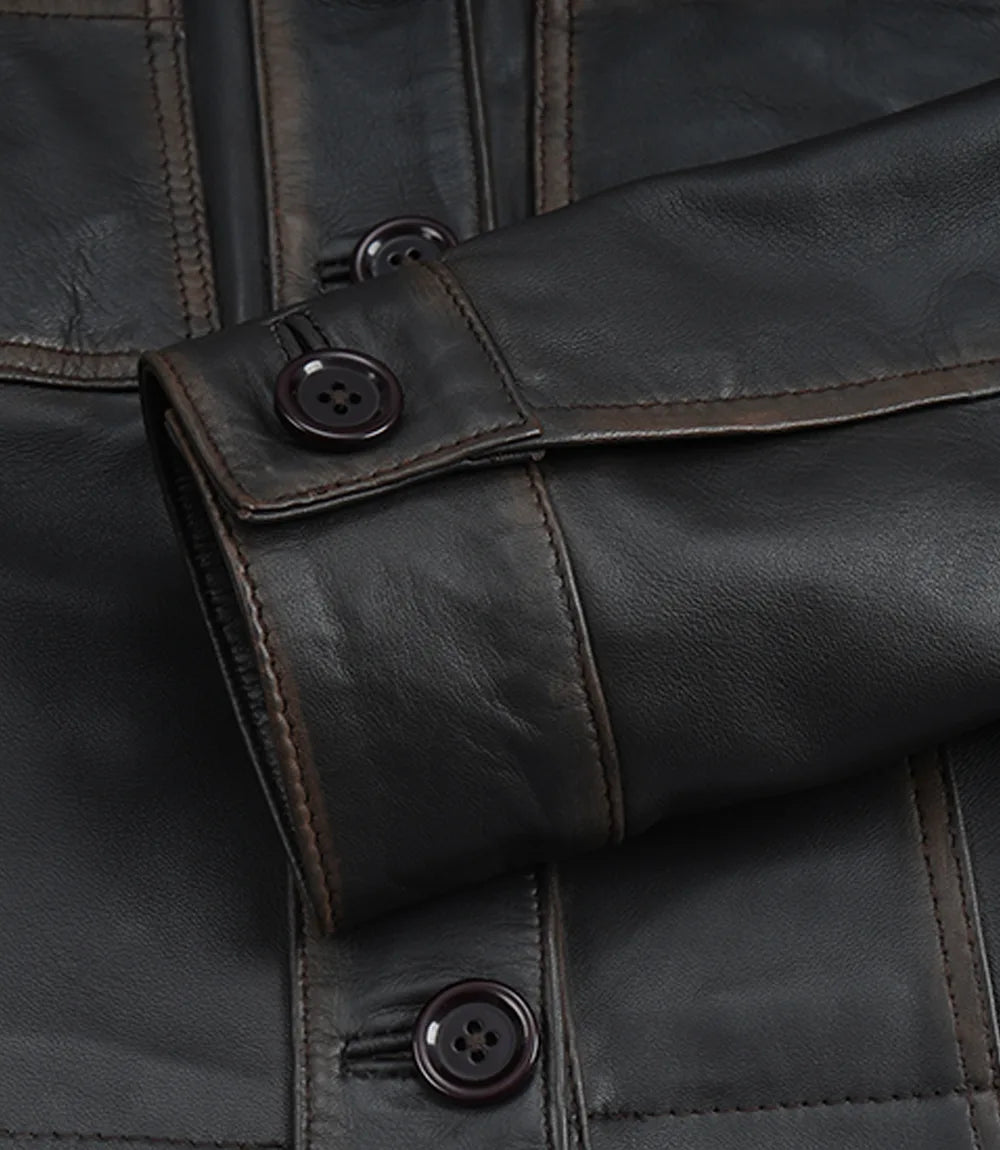 Women's Vintage Dark Brown Cropped Leather Harrington Jacket