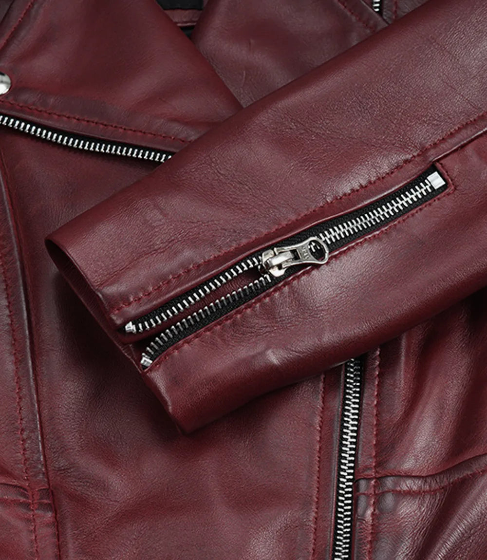 Women's Cropped Burgundy Wax Leather Biker Jacket