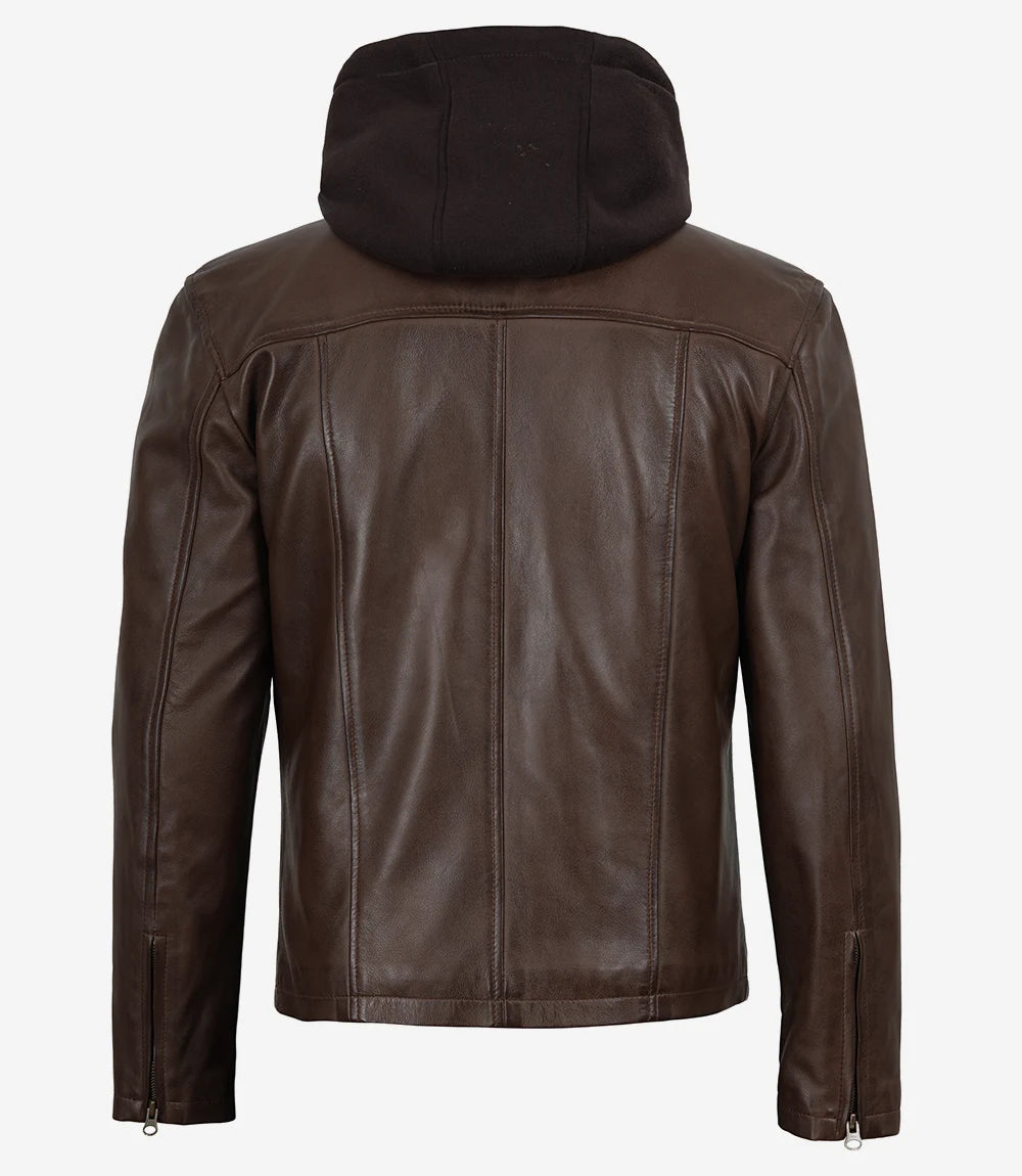 Men's Dark Brown Lambskin Leather Jacket with Removable Hood