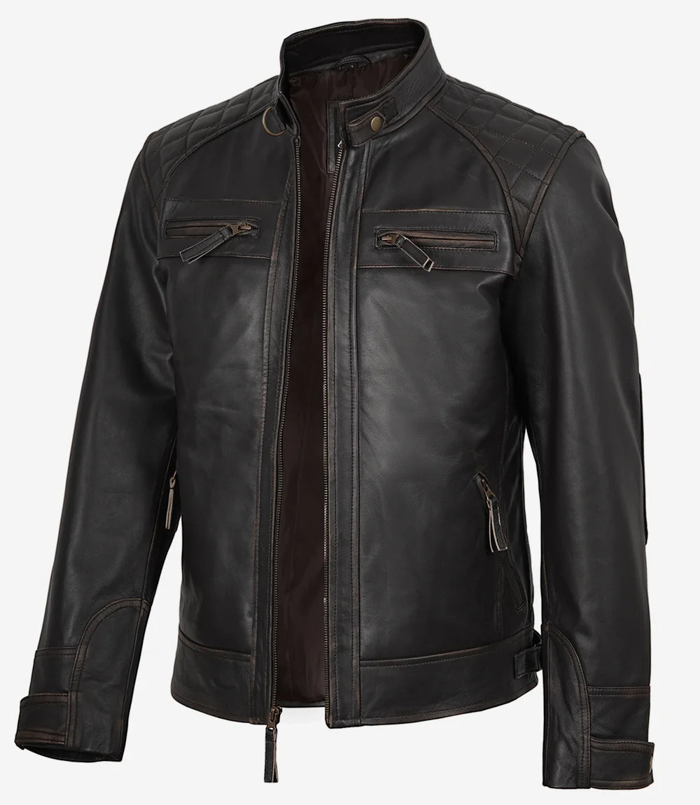Tall Quilted Rub-Off Brown Leather Jacket