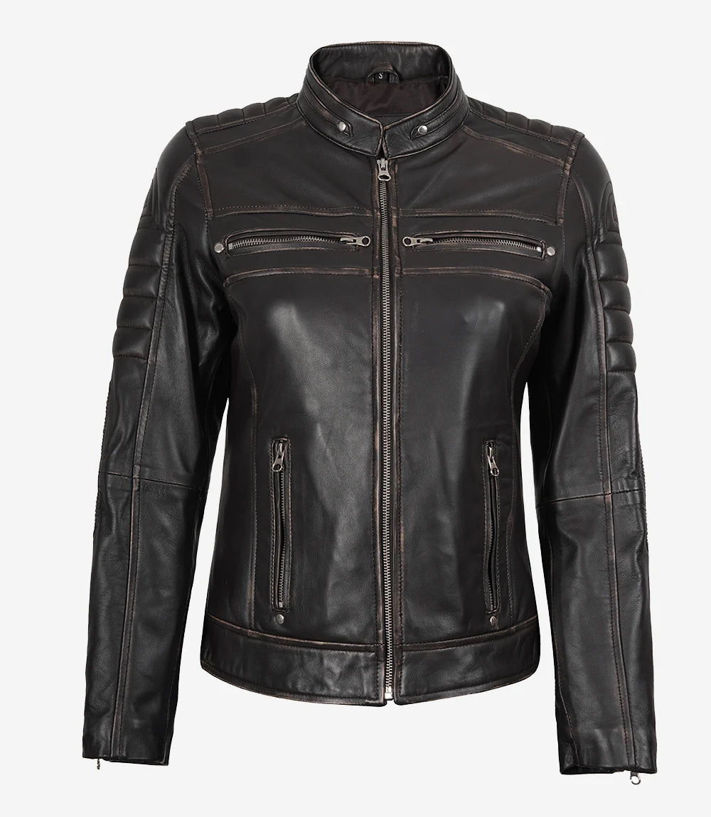 Women's Dark Brown Rub Off Cafe Racer Leather Jacket