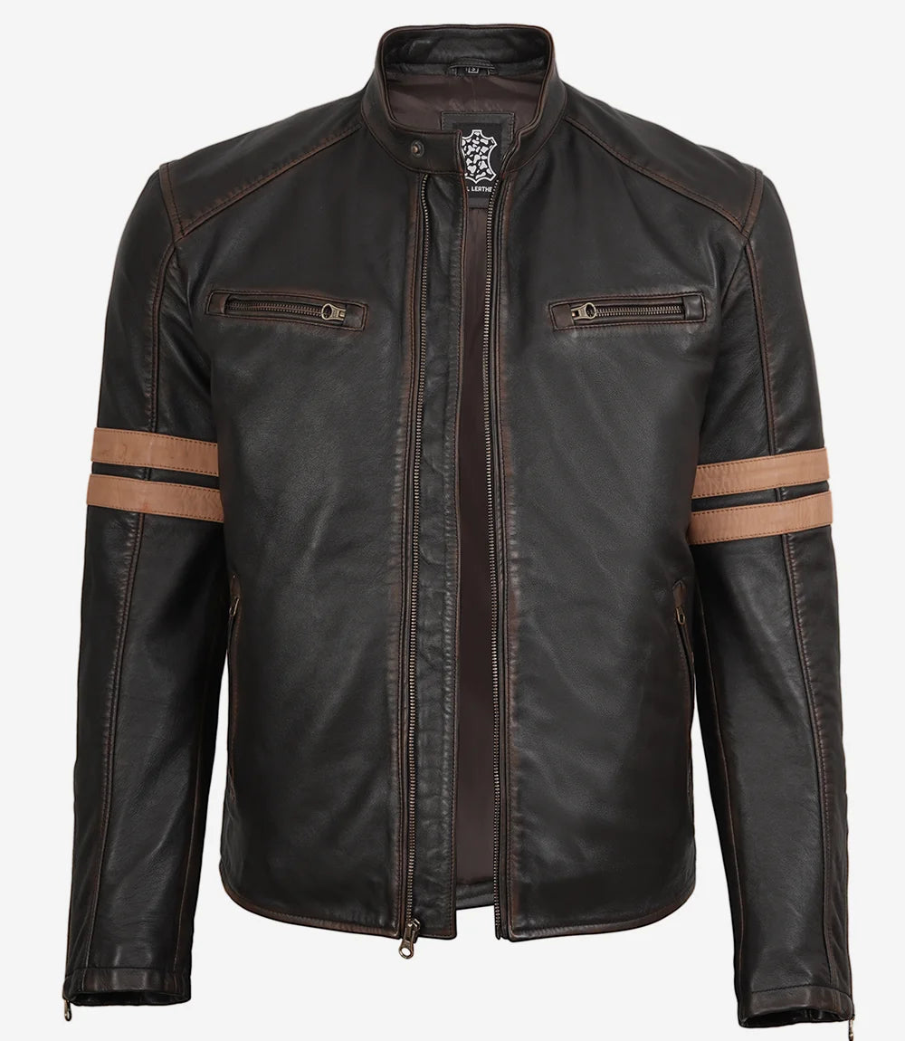 Men's Dark Brown Vintage Leather Biker Jacket with Racing Stripes