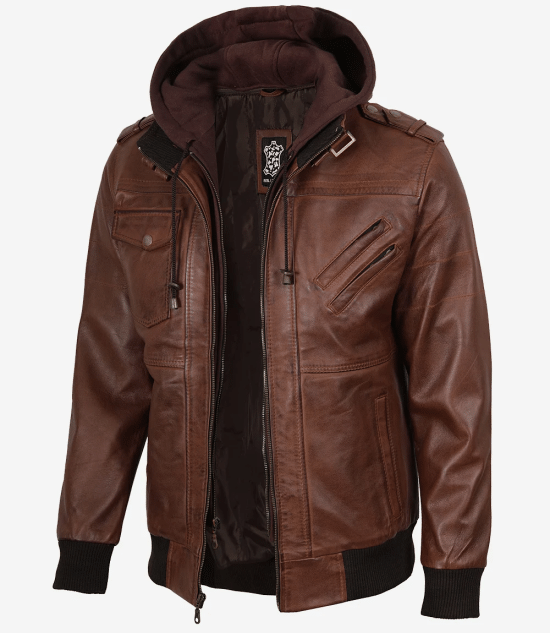 Men's Cognac Brown Bomber Leather Jacket — Removable Hood
