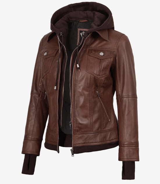 Brown Wax Women's Bomber Leather Jacket — Removable Hood
