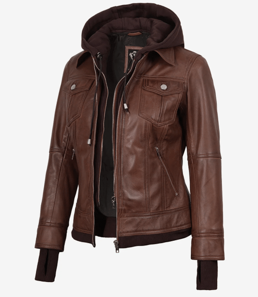 Brown Wax Women's Bomber Leather Jacket — Removable Hood